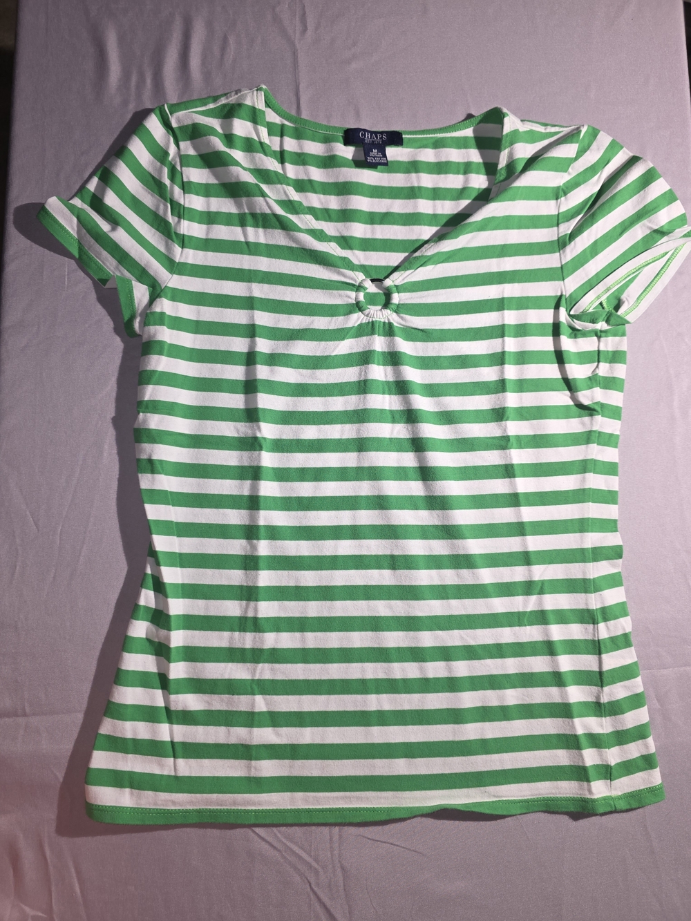 Chaps Green & White Striped Short Sleeve Tee with Ring Detail